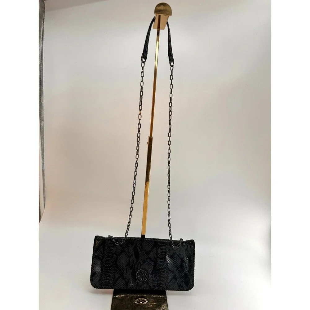 Tory Burch Black Snakeskin Embossed Convertible Shoulder Bag Clutch Wallet Chain